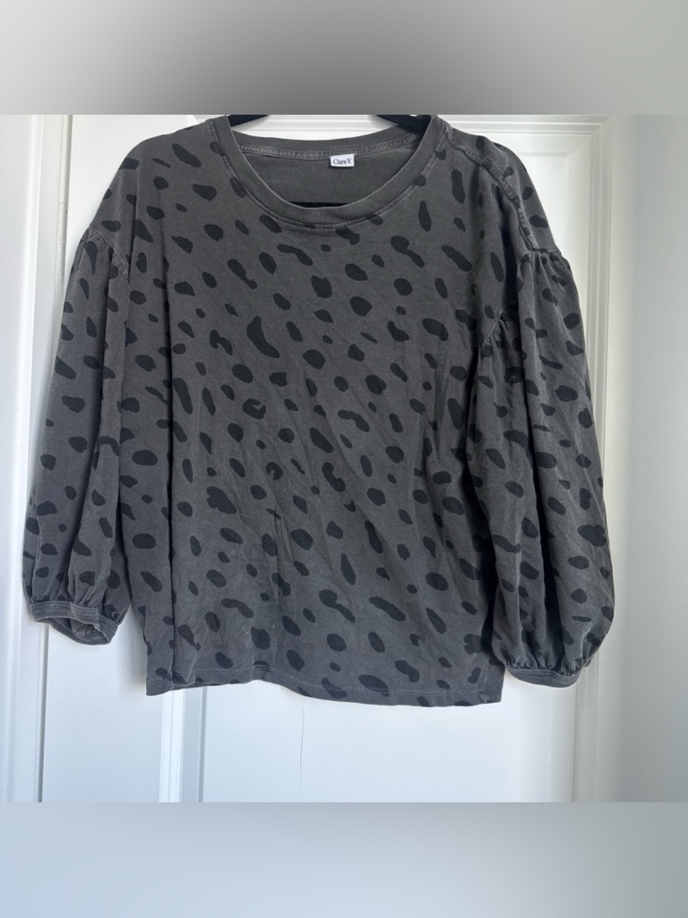 Clare V  Dropped Shoulder Tee Gray Jaguar Puff Sleeve Top Size Large